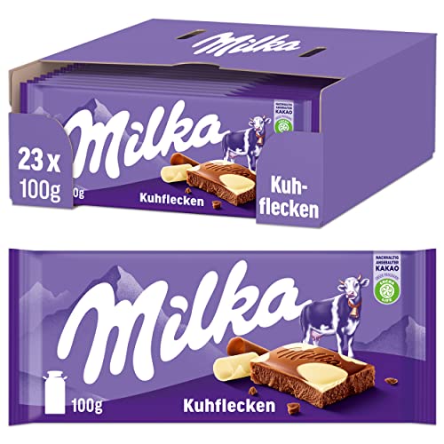 Entdecke die milchig-süße Versuchung: Milka Kuhflecken Tafel aus weißer Schokolade, 23 x 100g