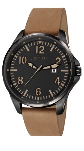 Hochwertige Esprit Tallac Brave Herren-Quarzuhr mit schwarzem Zifferblatt und braunem Lederband.