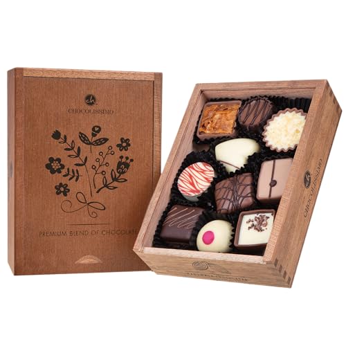 Edles Pralinen Geschenk: 10 Stück in Holzbox mit Blumenmotiv für Frauen