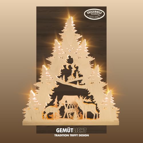 Bezaubernde Lichterspitze aus dem Erzgebirge mit Hirschmotiv und Weihnachtsbogen