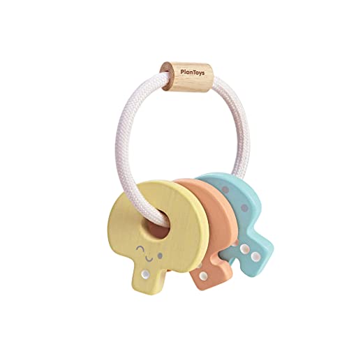 Hochwertige PlanToys Schlüsselrasseln aus Holz für Babys ab 4 Monaten in Pastelfarben