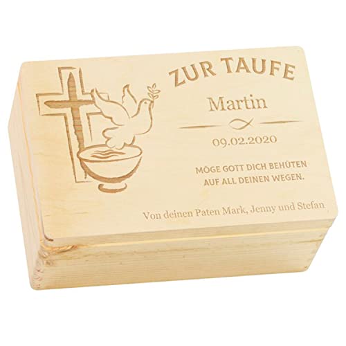 Personalisierte Holzkiste mit Gravur, ideal als Taufgeschenk - Friedenstaube Motiv.