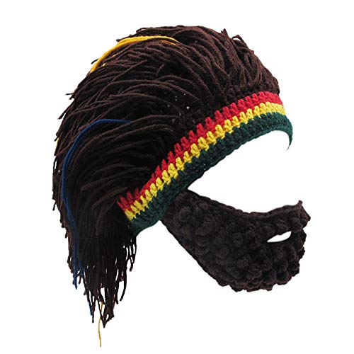 Lustige Rasta-Beanie für Herren mit Strick-Bartmütze und Reggae-Frisur in Coffee