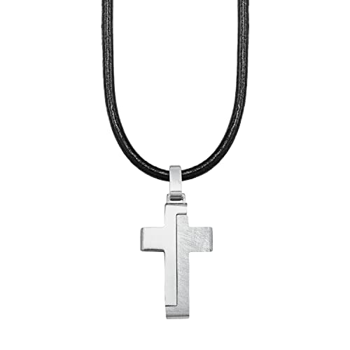 S.Oliver Jungen Kette mit Kreuz Anhänger - Edelstahl und Leder, Schwarz