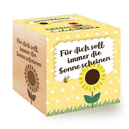 Nachhaltige Geschenkidee: Sonnenblume im Holzwürfel mit Lasergravur, Made in Austria