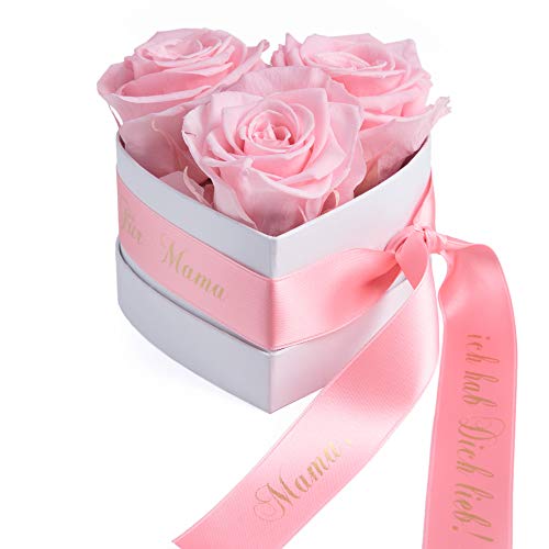 Liebesgeschenk zum Muttertag: Konservierte Rosen in Herzbox mit Spruch und Satinband