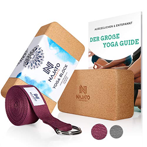 Yogablock Set mit Kork und Yogagurt, inkl. E-Book für Pilates und Meditation