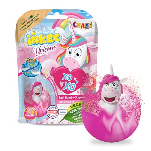 Magische Überraschung: INKEE UNICORN Badebombe für Kinder mit Einhornfiguren und Popcorn-Duft