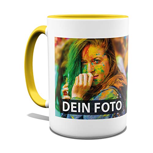 Personalisierbare Fototasse: Individuell gestalten mit eigenem Foto - Gelber Henkel