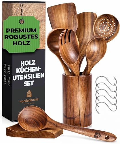 13-teiliges Holz Kochbesteck-Set mit Halter - hochwertiges & nachhaltiges Küchenset