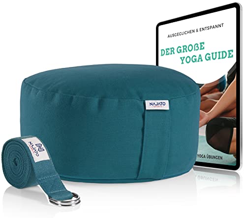 Entspannungsset: NAJATO Meditationskissen + Yogagurt & E-Book, Buchweizenschalen, waschbarer Bezug