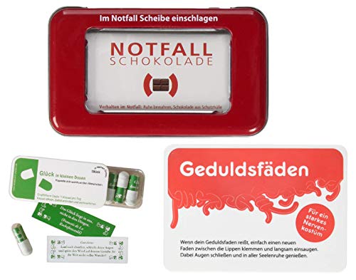 Glücksbringer in kleinen Dosen: Notfallschokolade, Geduldsfäden und Fruchtgummi - perfektes Geschenkset!