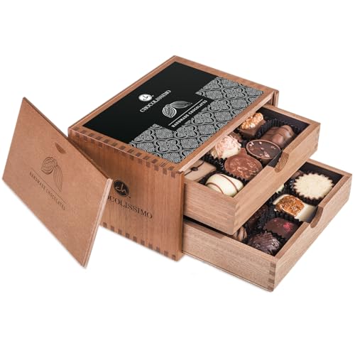 Edles Schokoladen-Geschenkset: 20 handgemachte Pralinen im Holzkästchen für jeden Anlass