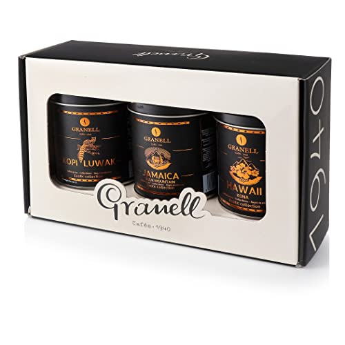 Entdecken Sie das exotische Granell Cafés 1940 Premium Kaffee Geschenkset! Probieren Sie Kopi Luwak, Jamaica Blue Mountain und Hawaii Kona Kaffeebohnen. Ein Genuss für Kaffeeliebhaber.