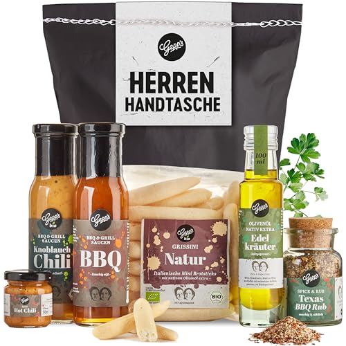 Lustige Herrenhandtasche gefüllt mit delikaten Feinkostspezialitäten I Vatertagsgeschenk