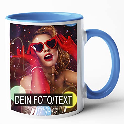 Personalisierte Keramiktasse mit 2 Fotos und Text in Blau - Perfektes Geschenk!