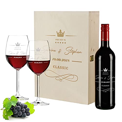 Personalisiertes Wein-Set in gravierte Holzkiste | 2 Weingläser | 700 ml Wein | Pierre Laforest | Ideal als Paargeschenk | Motiv Classic