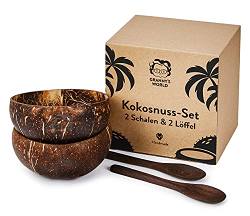 Handgefertigtes 2er Set Holzschalen mit Löffeln aus Kokosnussschale | Naturprodukt
