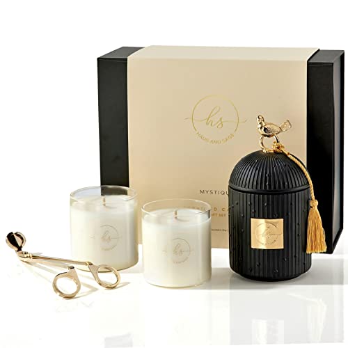 Verwöhnen Sie sich mit Haus and Sage Luxus-Duftkerzen-Geschenkset für Frauen - Inkl. Zubehör, 2 Sojawachskerzen - Paraffinfrei, 110+ Stunden Brenndauer