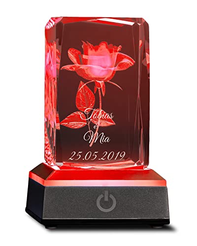 Personalisierte 3D Rosenlampe im Glas mit Gravur für besondere Anlässe