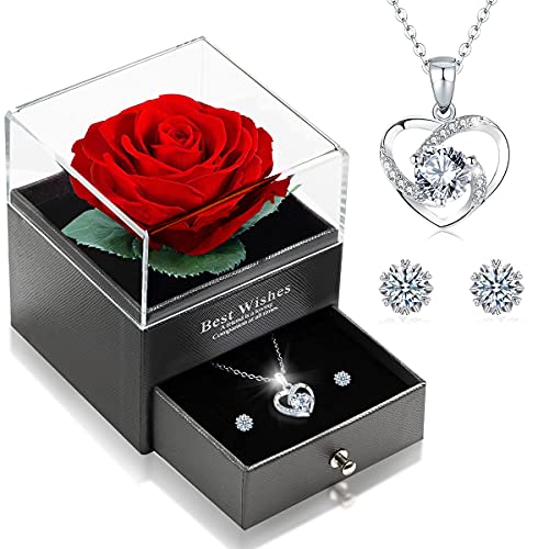 Einzigartiges Geschenkset: Ewige Rose mit Herzschmuck aus Sterlingsilber in Geschenkbox