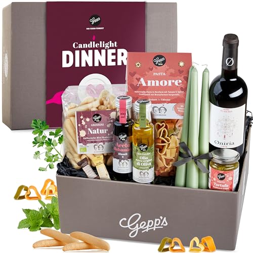 Romantisches Candle Light Dinner Set: Spanischer Rotwein, Herz-Pasta, Trüffel-Pesto & mehr