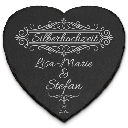 Personalisierbare Schiefertafel Herz für Silberne Hochzeit - Laser Gravur - Geschenk voller Liebe