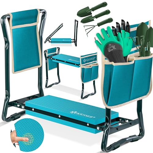 Gepolsterte Kniebank für Gartenarbeit mit Werkzeugtaschen und Gartenwerkzeugen - Gartenhocker 2-in-1