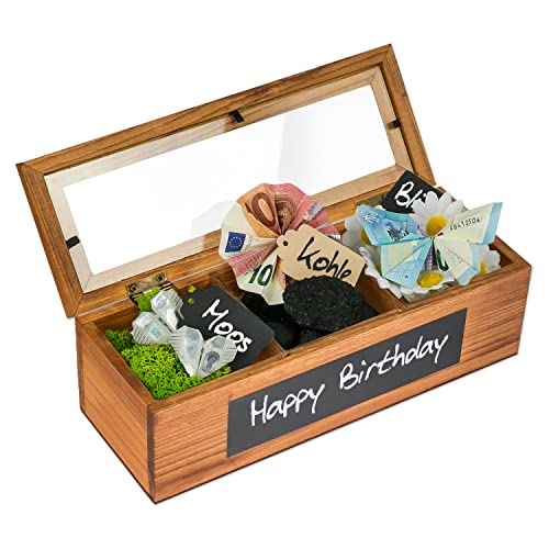 Überraschende Geldgeschenkbox aus Pinienholz für Hochzeit und Geburtstag in 3er Set.