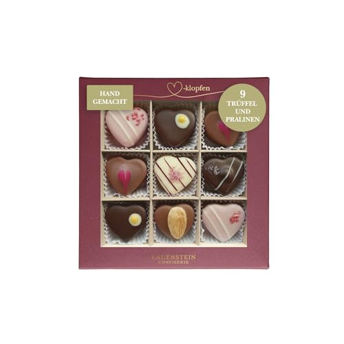 Handgefertigte Lauensteiner Herz-Pralinen "Herzklopfen" | 125g, 9 Sorten mit Alkohol | Perfektes Valentinstagsgeschenk