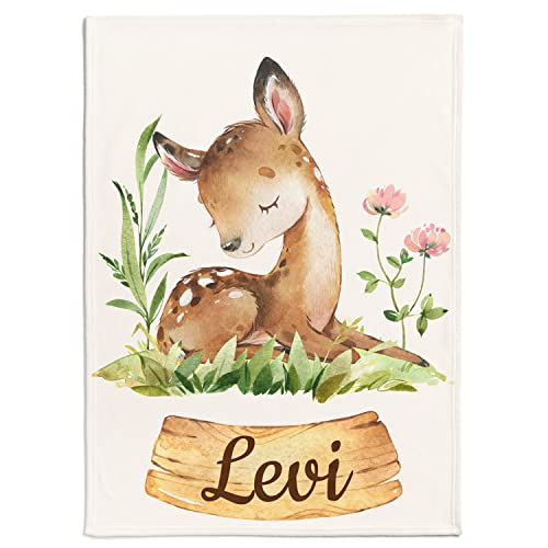 Personalisierte Babydecke mit niedlichem Reh & Blumen Motiv | Individuell personalisierbar