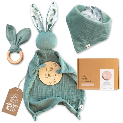 Zauberhaftes Baby Geschenkset für Neugeborene - Musselin Schnuffeltuch, Beißring, Lätzchen & Holzschild
