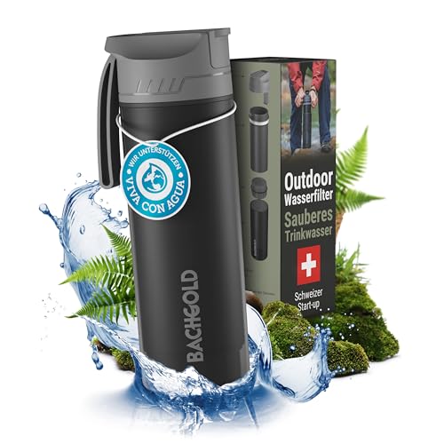 Hochwertige Bachgold Profi Outdoor Wasserfilter Flasche | Entfernt 99,99% Bakterien | Filtert Viren, Partikel & Schwermetalle | 1500L Kapazität | Schwarz