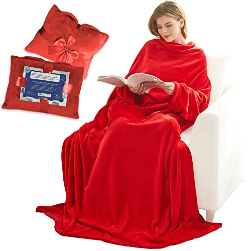 Kuschelige Lucadeau Kuscheldecke mit Ärmeln in Rot - Perfektes Geschenk für Frauen!