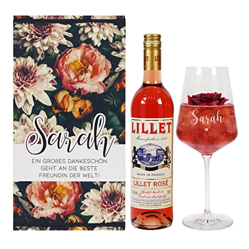 Personalisiertes Geschenkset mit Vintage Blumenmotiv und graviertem Weinglas - Lillet Rosè