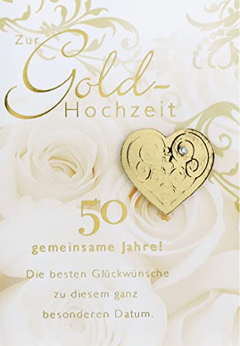 Goldene Hochzeit Glückwunschkarte mit Goldherz-Applikation - Perleberg - inkl. Umschlag - 11,6 x 16,6 cm