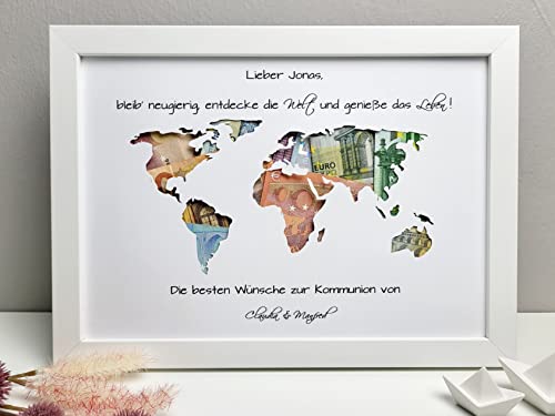 Einzigartiges personalisiertes Geldgeschenk für besondere Anlässe mit Weltkarten-Motiv und Bilderrahmen