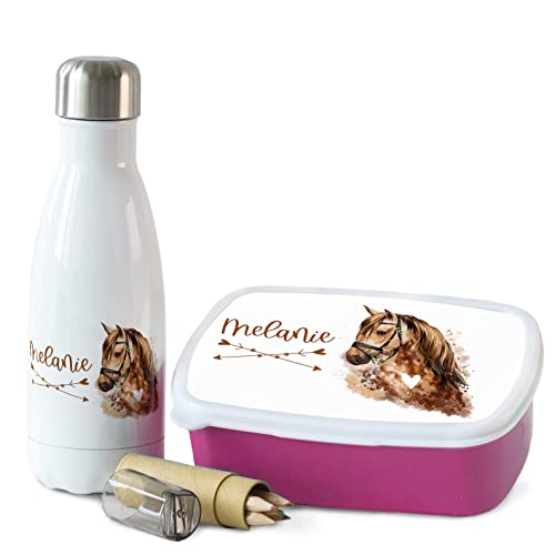 Personalisiertes Pferde-Set für Mädchen: Brotdose und Trinkflasche mit Namen | Ideales Einschulungsgeschenk
