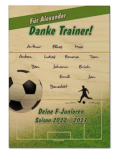 Personalisierte Holztafel für Fußballtrainer: Dankeschön-Geschenk mit Namen & Wunschtext (28,5 x 40 cm)