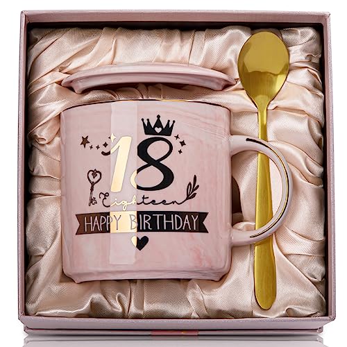 Goldbedruckte Kaffeetasse zum 18. Geburtstag für Mädchen mit Geschenkbox und Grußkarte