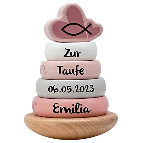 Personalisierter Holz Stapelturm in rosa für Mädchen - Außergewöhnliches Taufgeschenk!