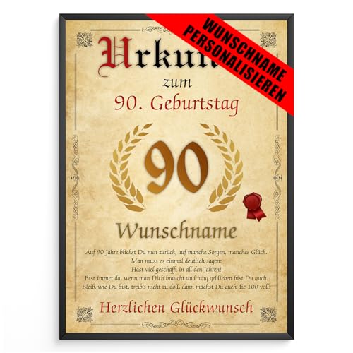 Personalisierte Urkunde zum 90. Geburtstag - Einzigartiges Geschenk für 1935 Geborene