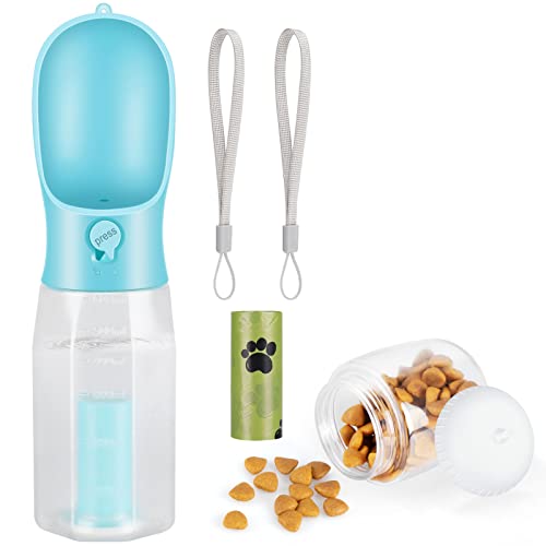 Tragbare Hundetrinkflasche mit Futterbehälter und Kotbeutelspender für unterwegs (Blau, 600ML)