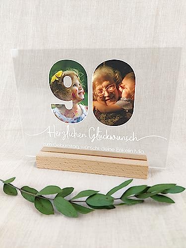 Personalisierte Foto Acryl Tafel für 90. Geburtstag - Deko & Geschenkidee für Frauen & Männer