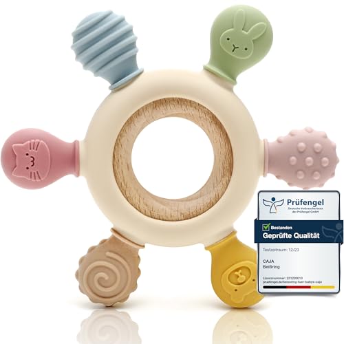 Sicheres Beißspielzeug für Babys: CAJA Beißring aus Silikon & Holz, BPA-frei