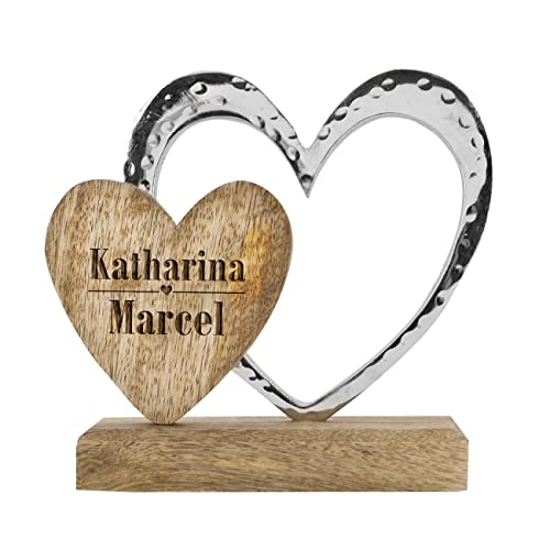 Personalisierte Hochzeitsgeschenk: Herz Skulptur mit Gravur aus Holz/Metall