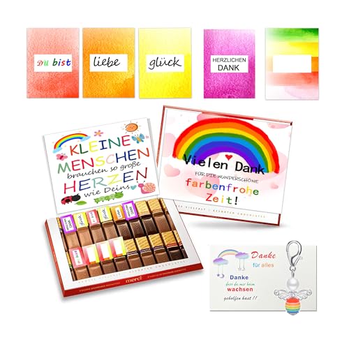 Originelles Erzieherin Aufkleber Set für Merci Schokolade 250g - Abschiedsgeschenk mit Grußkarte
