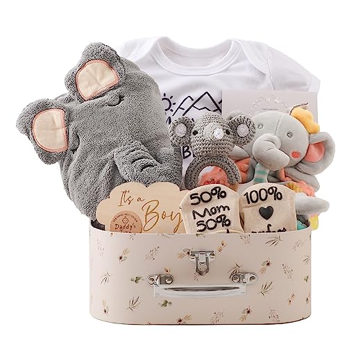 Entzückendes Baby Geschenkset für Jungen: Badetuch, Decke, Strampler uvm.