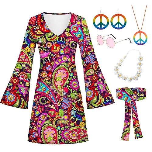 Vintage Hippie Damenkleidung Set für Karneval & Mottopartys - 5-teilig