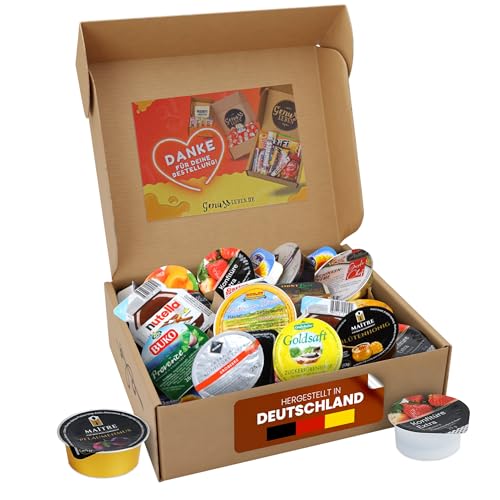 Vielfältige Genussbox: 800g Konfitüre, Marmelade, Honig, Wurst, Frischkäse - ideal für Büro und Unterwegs